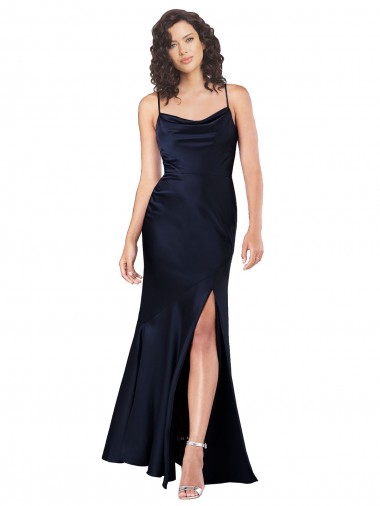 Bleu marine foncé Trapèze Satiné Soyeux Longue Formelles Robes demoiselle d'honneur / Robes de soirée / Robes de bal Pas Cher