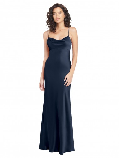 Bleu marine foncé Trapèze Satiné Stretch Longue Formelles Robes demoiselle d'honneur / Robes de soirée / Robes de bal Pas Cher