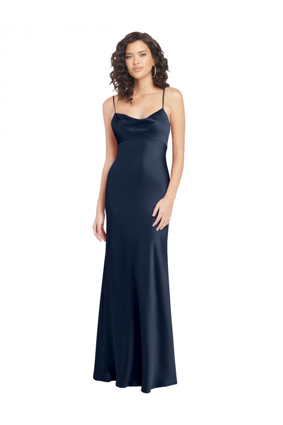 Bleu marine foncé Trapèze Satiné Stretch Longue Formelles Robes demoiselle d'honneur / Robes de soirée / Robes de bal Pas Cher