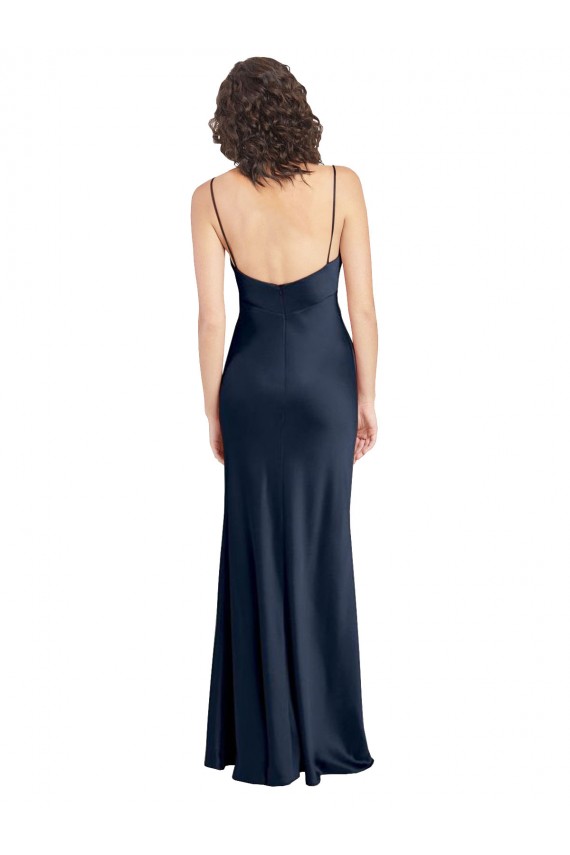 Bleu marine foncé Trapèze Satiné Stretch Longue Formelles Robes demoiselle d'honneur / Robes de soirée / Robes de bal Pas Cher