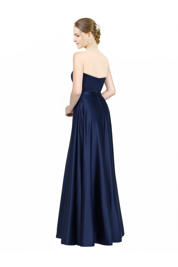 Bleu marine foncé Trapèze Satiné Stretch Longue Formelles Robes demoiselle d'honneur / Robes de soirée Pas Cher