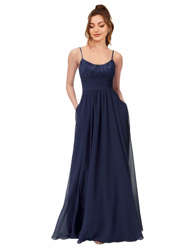 Bleu marine foncé Trapèze Scoop Mousseline Dentelle Longue Robes demoiselle d'honneur Pas Cher