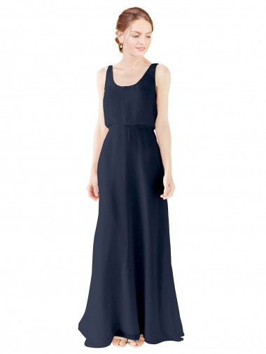 Bleu marine foncé Trapèze Scoop Mousseline Longue Robes demoiselle d'honneur Pas Cher