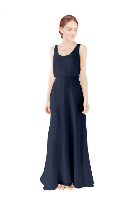 Bleu marine foncé Trapèze Scoop Mousseline Longue Robes demoiselle d'honneur Pas Cher