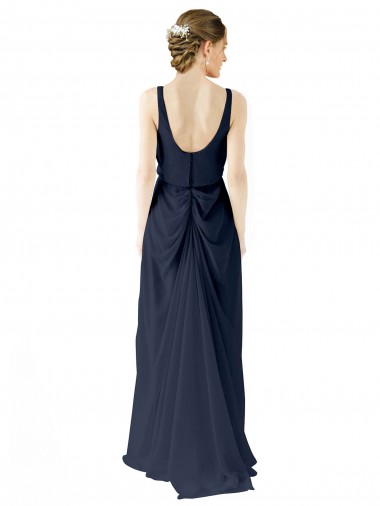 Bleu marine foncé Trapèze Scoop Mousseline Longue Robes demoiselle d'honneur
