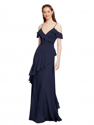 Bleu marine foncé Trapèze Épaule Dénudée Bretelles spaghetti Mousseline Longue Robes demoiselle d'honneur Pas Cher