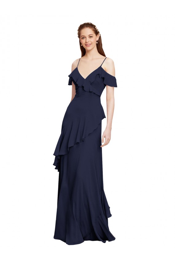 Bleu marine foncé Trapèze Épaule Dénudée Bretelles spaghetti Mousseline Longue Robes demoiselle d'honneur Pas Cher