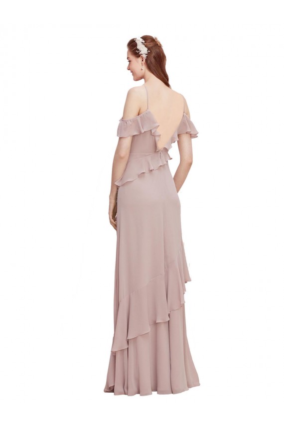 Bleu marine foncé Trapèze Épaule Dénudée Bretelles spaghetti Mousseline Longue Robes demoiselle d'honneur Pas Cher