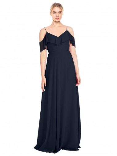 Bleu marine foncé Trapèze Épaule Dénudée Bretelles spaghetti Mousseline Longue Robes demoiselle d'honneur Pas Cher