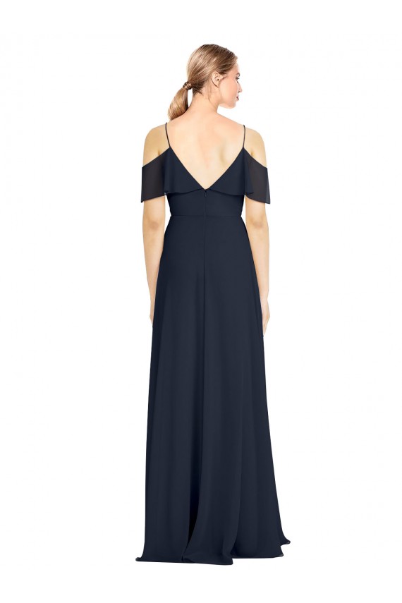 Bleu marine foncé Trapèze Épaule Dénudée Bretelles spaghetti Mousseline Longue Robes demoiselle d'honneur Pas Cher
