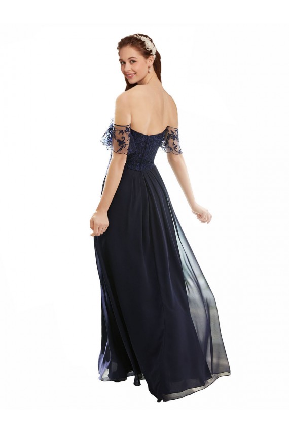 Bleu marine foncé Trapèze Épaule Dénudée Col V Mousseline Dentelle Longue Robes demoiselle d'honneur Pas Cher
