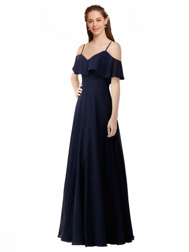 Bleu marine foncé Trapèze Épaule Dénudée Col V Mousseline Longue Robes demoiselle d'honneur Pas Cher