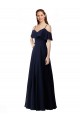Bleu marine foncé Trapèze Épaule Dénudée Col V Mousseline Longue Robes demoiselle d'honneur Pas Cher