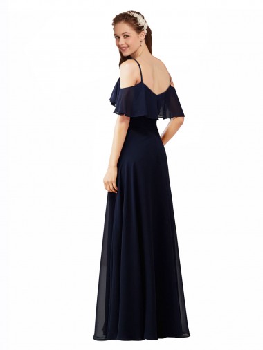 Bleu marine foncé Trapèze Épaule Dénudée Col V Mousseline Longue Robes demoiselle d'honneur
