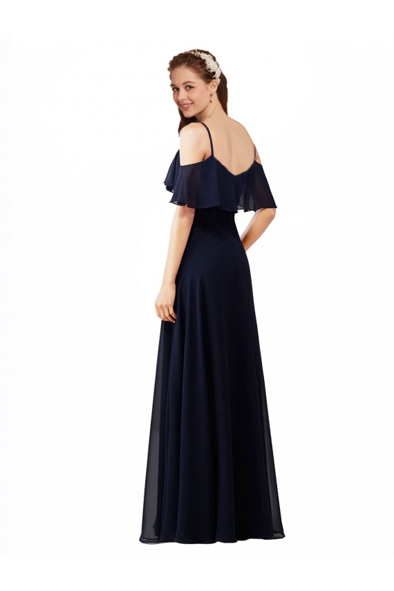 Bleu marine foncé Trapèze Épaule Dénudée Col V Mousseline Longue Robes demoiselle d'honneur Pas Cher
