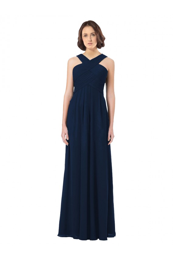 Bleu marine foncé Trapèze Épaule Dénudée Mousseline Longue Robes demoiselle d'honneur Pas Cher