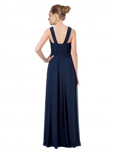 Bleu marine foncé Trapèze Épaule Dénudée Mousseline Longue Robes demoiselle d'honneur