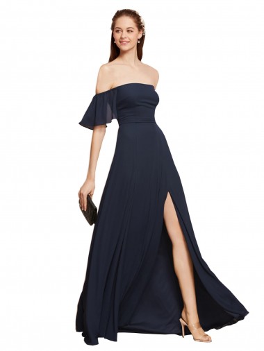 Bleu marine foncé Trapèze Épaule Dénudée Mousseline Longue Robes demoiselle d'honneur / Robes de bal Pas Cher