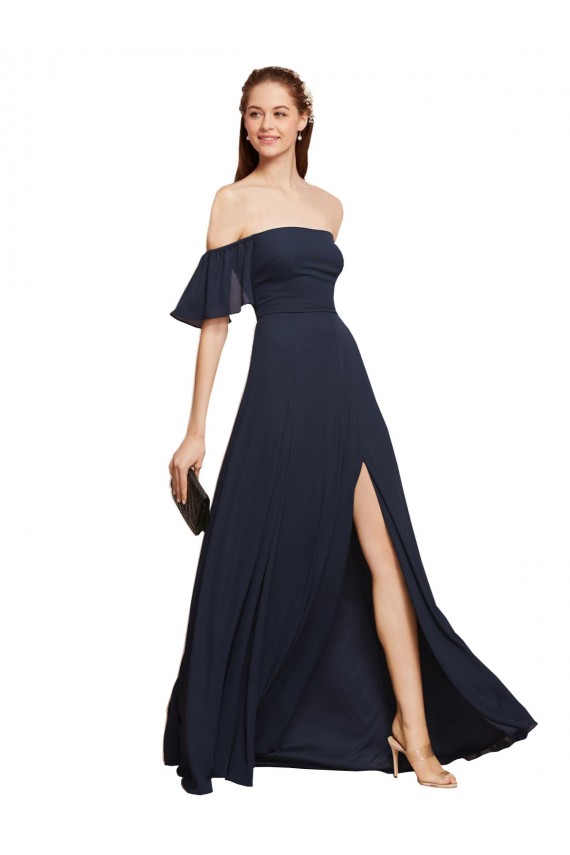 Bleu marine foncé Trapèze Épaule Dénudée Mousseline Longue Robes demoiselle d'honneur / Robes de bal Pas Cher
