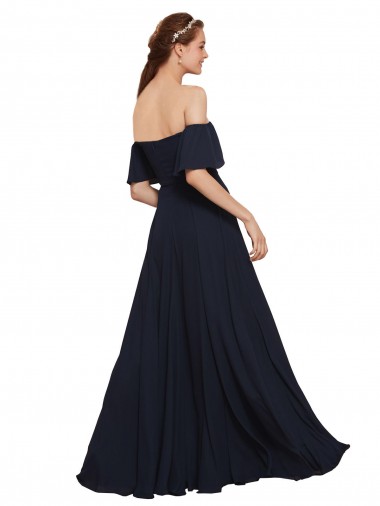 Bleu marine foncé Trapèze Épaule Dénudée Mousseline Longue Robes demoiselle d'honneur / Robes de bal