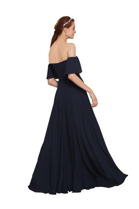 Bleu marine foncé Trapèze Épaule Dénudée Mousseline Longue Robes demoiselle d'honneur / Robes de bal Pas Cher