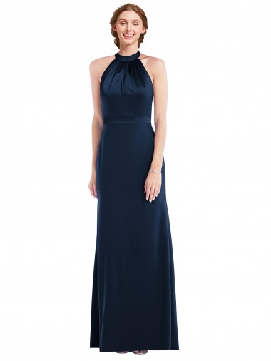 Bleu marine foncé Trompette Col Haut Crêpe Stretch Longue Robes demoiselle d'honneur / Robes de bal Pas Cher