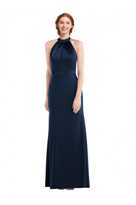 Bleu marine foncé Trompette Col Haut Crêpe Stretch Longue Robes demoiselle d'honneur / Robes de bal Pas Cher