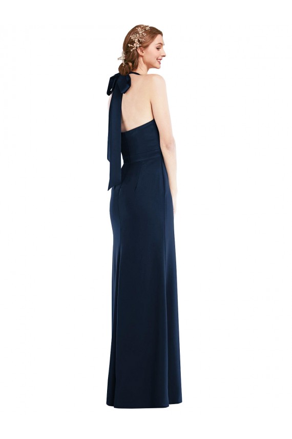 Bleu marine foncé Trompette Col Haut Crêpe Stretch Longue Robes demoiselle d'honneur / Robes de bal Pas Cher