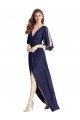 Bleu marine foncé Trompette Col V Mousseline Longue Robes demoiselle d'honneur Pas Cher