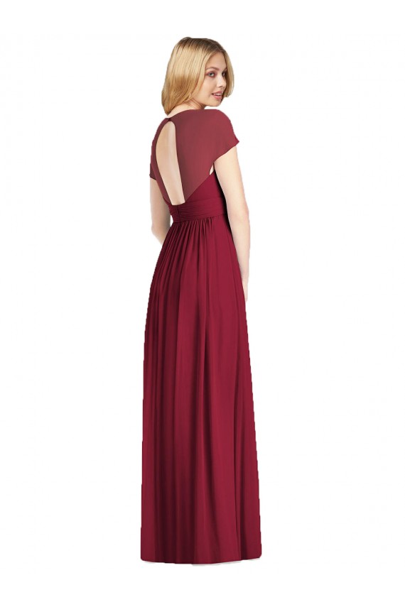 Bleu marine foncé Trompette Col V Mousseline Longue Robes demoiselle d'honneur Pas Cher