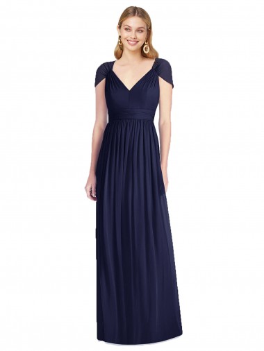 Bleu marine foncé Trompette Col V Mousseline Longue Robes demoiselle d'honneur Pas Cher