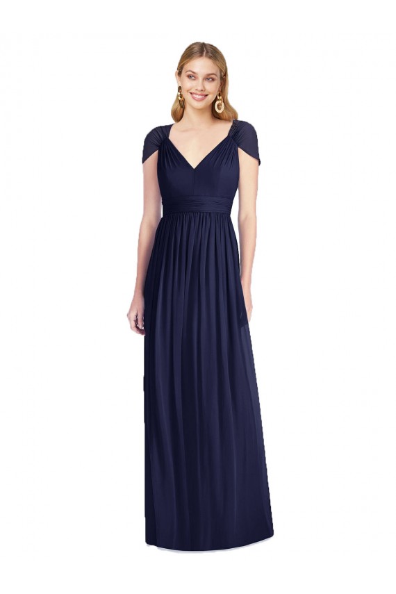 Bleu marine foncé Trompette Col V Mousseline Longue Robes demoiselle d'honneur Pas Cher