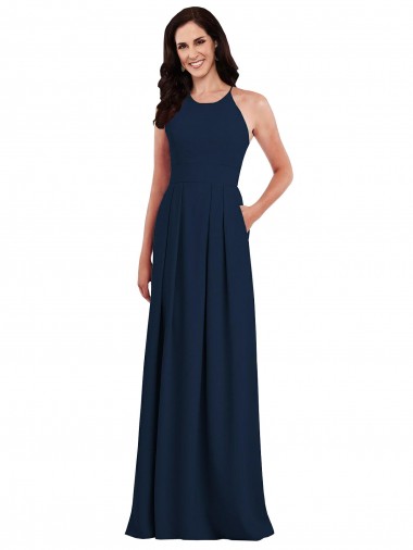 Bleu marine foncé Trompette Licou Crêpe Stretch Longue Robes demoiselle d'honneur Pas Cher