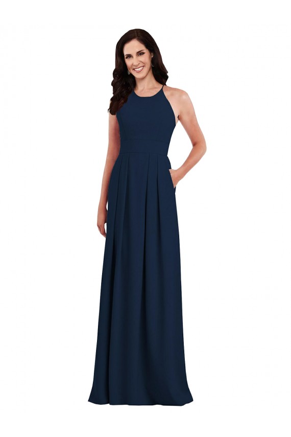 Bleu marine foncé Trompette Licou Crêpe Stretch Longue Robes demoiselle d'honneur Pas Cher