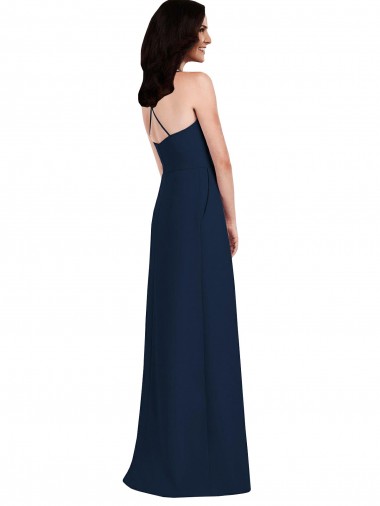 Bleu marine foncé Trompette Licou Crêpe Stretch Longue Robes demoiselle d'honneur