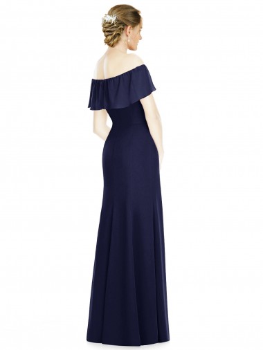 Bleu marine foncé Trompette Épaule Dénudée Mousseline Longue Robes demoiselle d'honneur