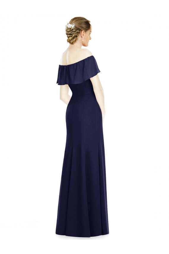 Bleu marine foncé Trompette Épaule Dénudée Mousseline Longue Robes demoiselle d'honneur Pas Cher