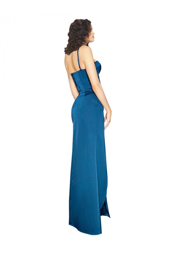 Bleu paon Fourreau Bretelles spaghetti Satiné Soyeux Longue Formelles Robes demoiselle d'honneur / Robes de soirée / Robes de bal Pas Cher