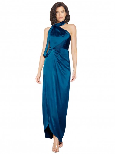 Bleu paon Fourreau Licou Col Haut Satiné Soyeux Longue Formelles Robes demoiselle d'honneur / Robes de soirée / Robes de bal Pas Cher