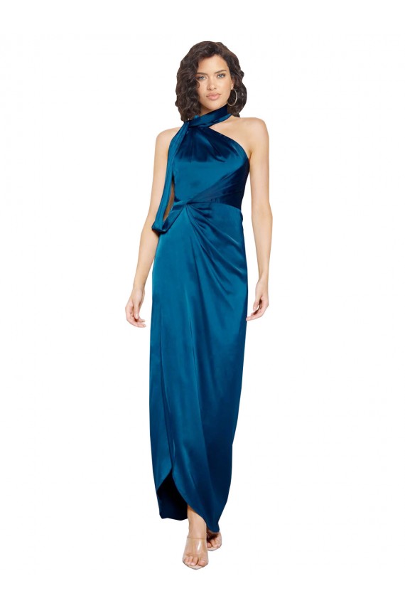 Bleu paon Fourreau Licou Col Haut Satiné Soyeux Longue Formelles Robes demoiselle d'honneur / Robes de soirée / Robes de bal Pas Cher