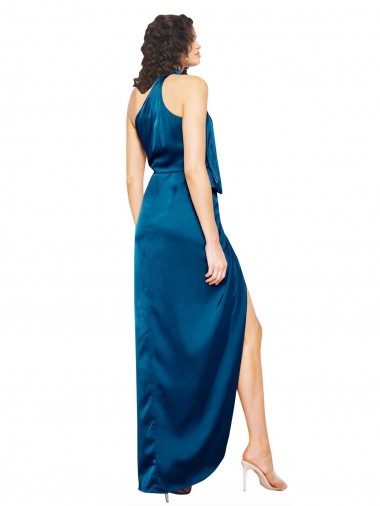 Bleu paon Fourreau Licou Col Haut Satiné Soyeux Longue Formelles Robes demoiselle d'honneur / Robes de soirée / Robes de bal