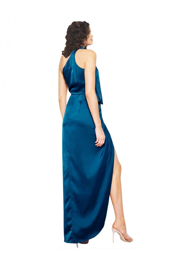 Bleu paon Fourreau Licou Col Haut Satiné Soyeux Longue Formelles Robes demoiselle d'honneur / Robes de soirée / Robes de bal Pas Cher