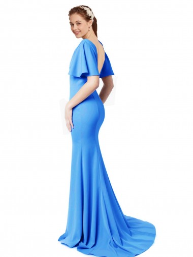 Bleu paon Sirène Col V Balayage train Crêpe Stretch Longue Robes demoiselle d'honneur / Robes de bal
