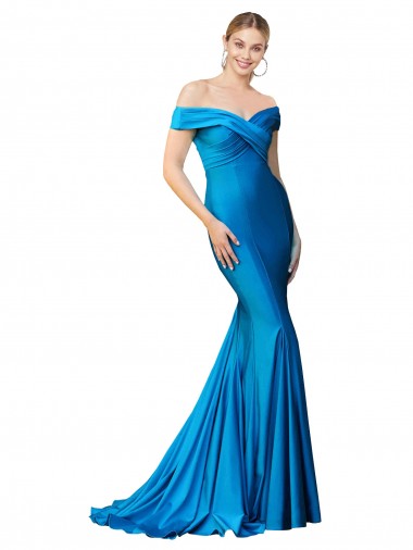 Bleu paon Sirène Épaule Dénudée Satiné Longue Formelles Robes demoiselle d'honneur / Robes de soirée / Robes de bal Pas Cher