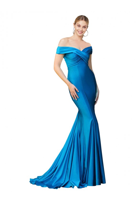 Bleu paon Sirène Épaule Dénudée Satiné Longue Formelles Robes demoiselle d'honneur / Robes de soirée / Robes de bal Pas Cher