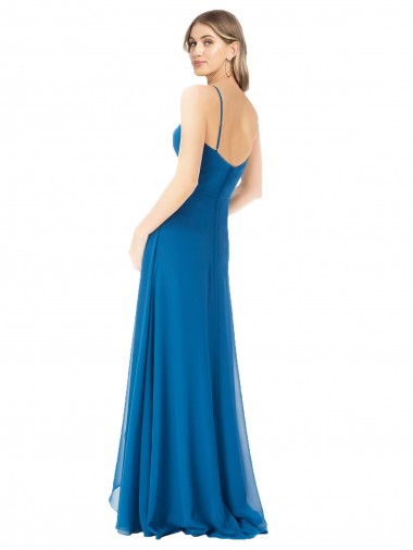 Bleu paon Trapèze Bretelles spaghetti Mousseline Longue Robes demoiselle d'honneur