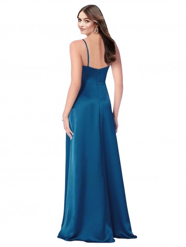 Bleu paon Trapèze Bretelles spaghetti Satiné Soyeux Longue Formelles Robes demoiselle d'honneur / Robes de soirée / Robes de bal
