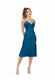 Bleu paon Trapèze Col V midi Satiné Soyeux Courte Robes demoiselle d'honneur / Robes de bal / Robes de cocktail Pas Cher