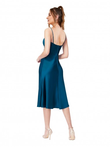 Bleu paon Trapèze Col V midi Satiné Soyeux Courte Robes demoiselle d'honneur / Robes de bal / Robes de cocktail