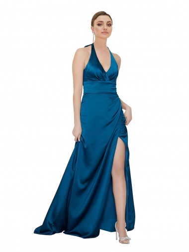 Bleu paon Trapèze Licou Satiné Soyeux Longue Formelles Robes demoiselle d'honneur / Robes de soirée / Robes de bal Pas Cher